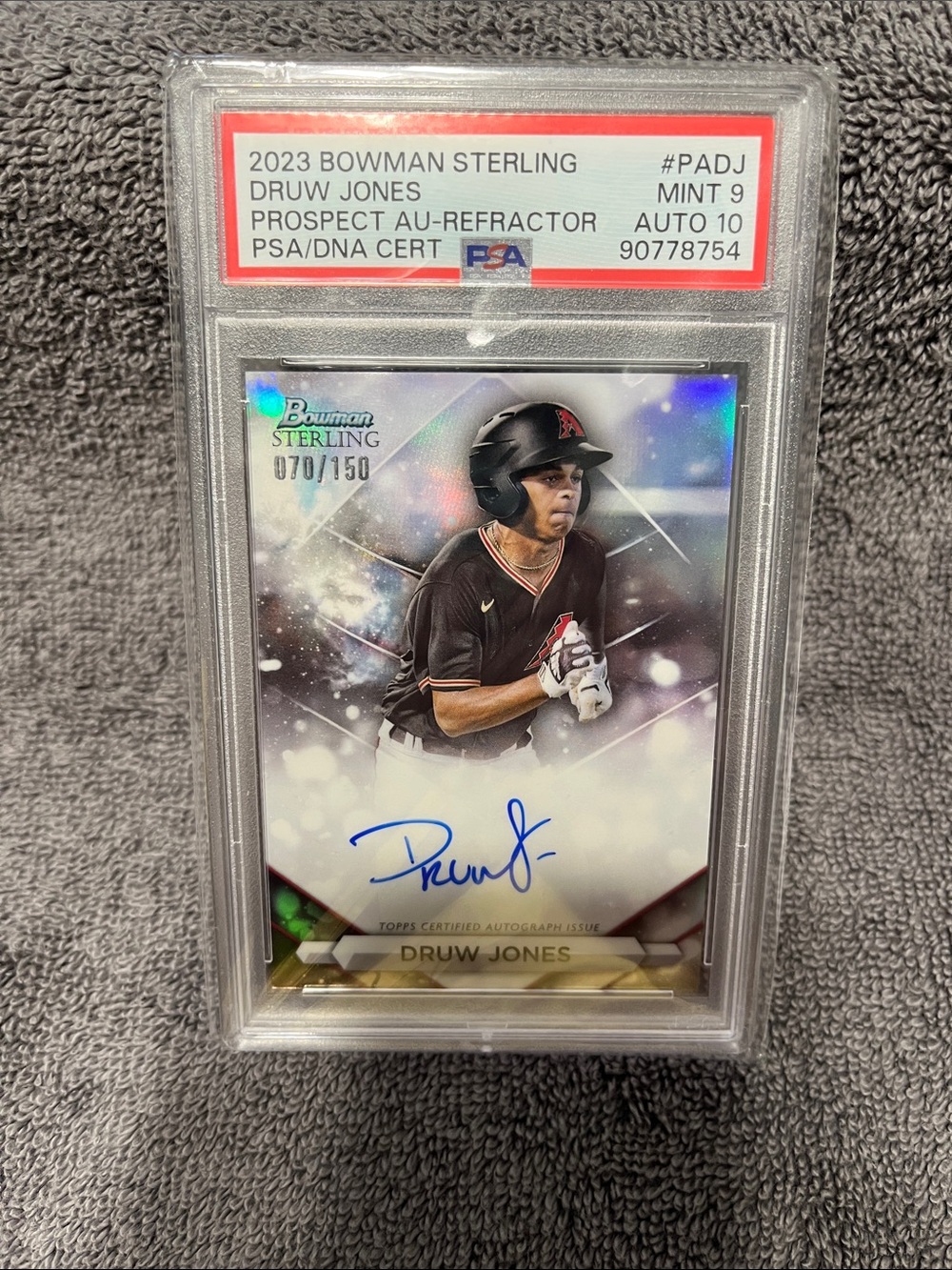 2023 Bowman Sterling Druw Jones Prospect AU-Refractor Autograph #070/150 PSA